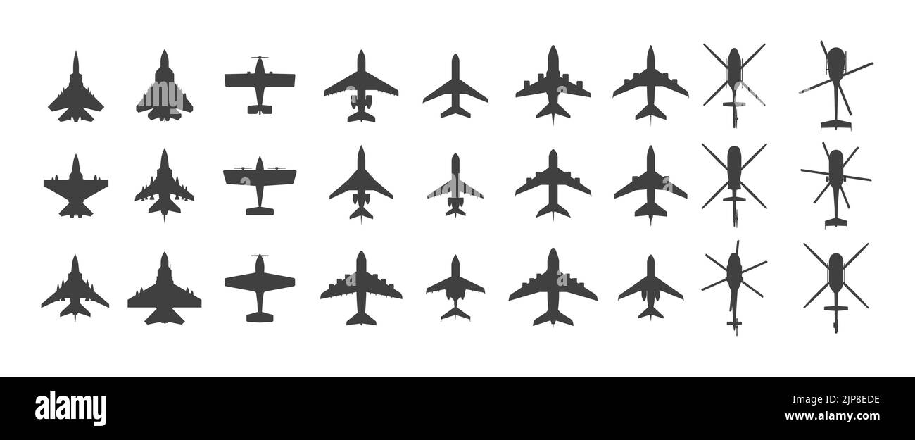 Black airplanes top view. Military jet fighter and civil aviation cargo and passenger planes silhouette icons aerial view. Vector overhead look of airplane set. Small and large flying vehicles Stock Vector