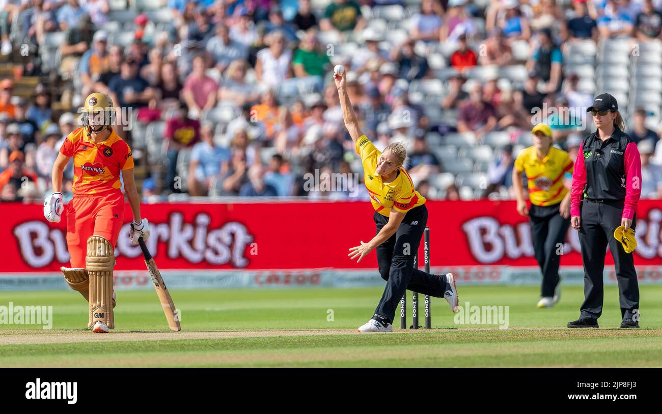 Katherine Brunt of Trent Rockets bowling in The Hundred match between