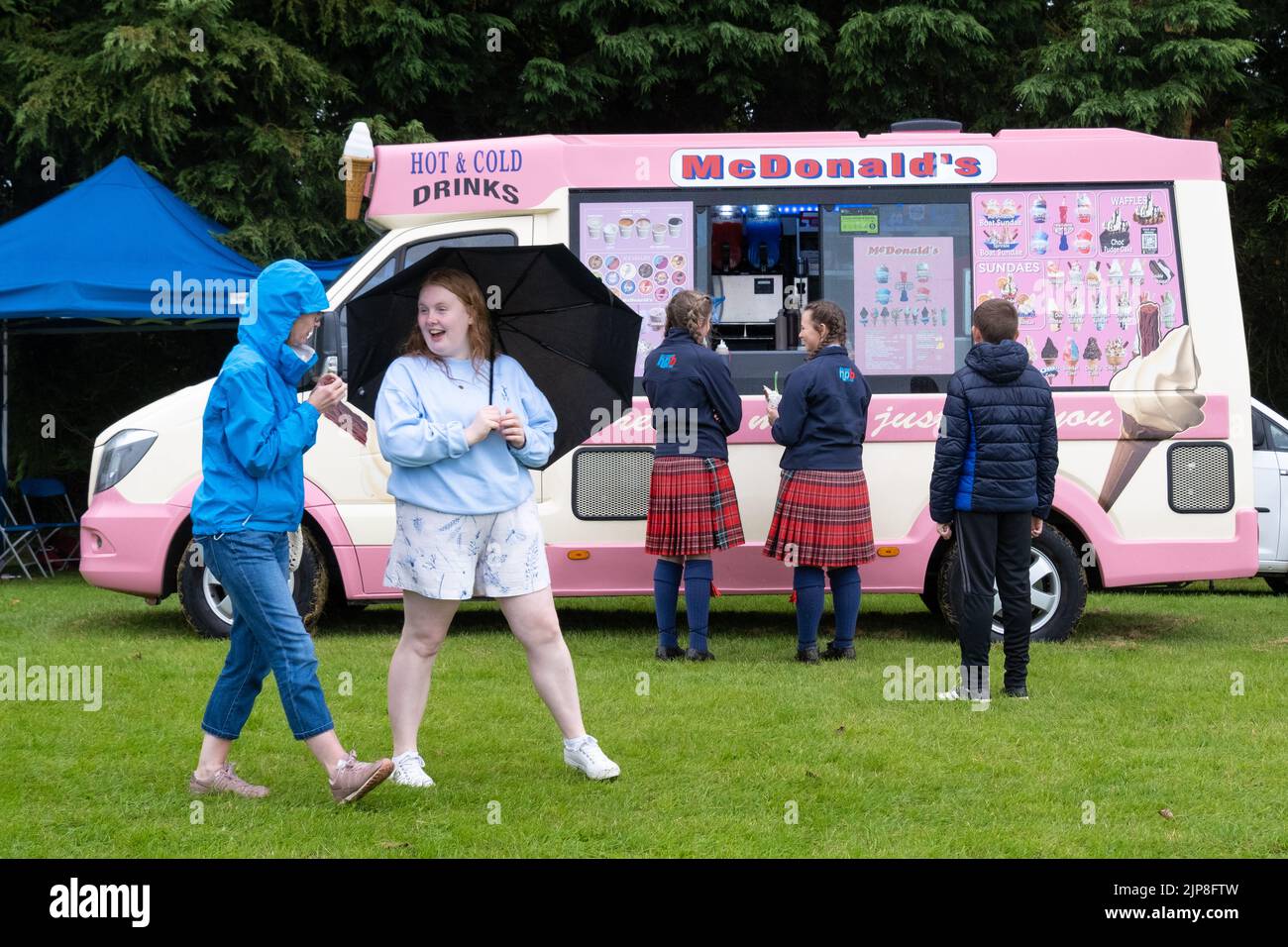 Ballymena, UK, 23rd July 2022. McDonald's ice-cream van in the grounds of Ballymena Academy selling refreshments during the Ulster Pipe Band Champions Stock Photo