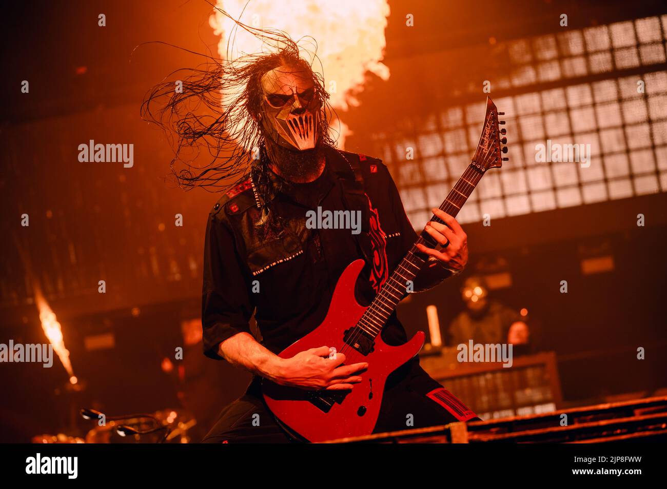 Malmoe, Sweden. 15th Aug, 2022. The American heavy metal band Slipknot performs a live concert at Malmö Arena in Malmoe. Here guitarist Mick Thomson is seen live on stage. (Photo Credit: Gonzales Photo/Alamy Live News Stock Photo