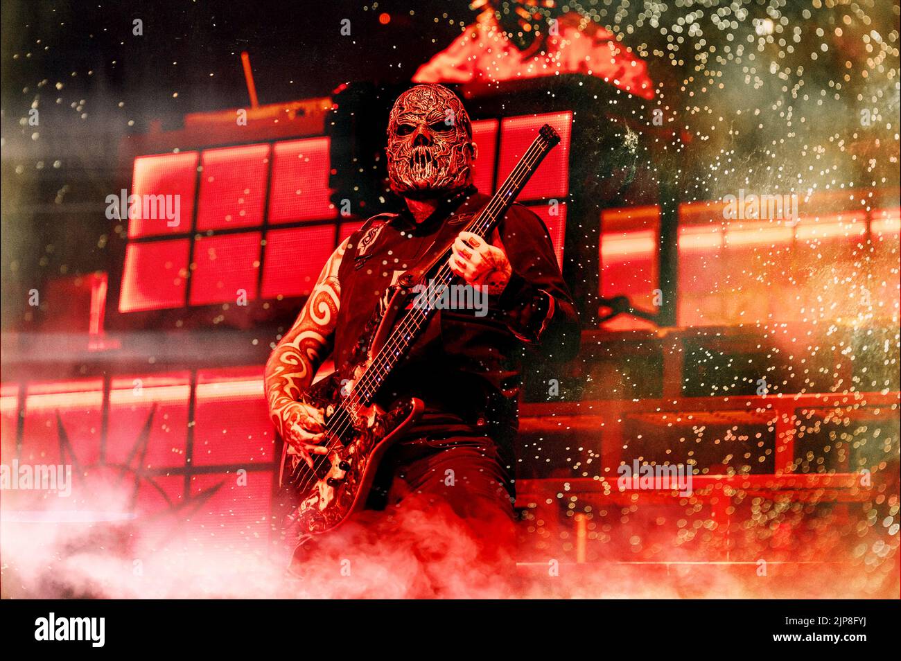 Malmoe, Sweden. 15th Aug, 2022. The American heavy metal band Slipknot performs a live concert at Malmö Arena in Malmoe. Here bass player Alessandro Venturella is seen live on stage. (Photo Credit: Gonzales Photo/Alamy Live News Stock Photo