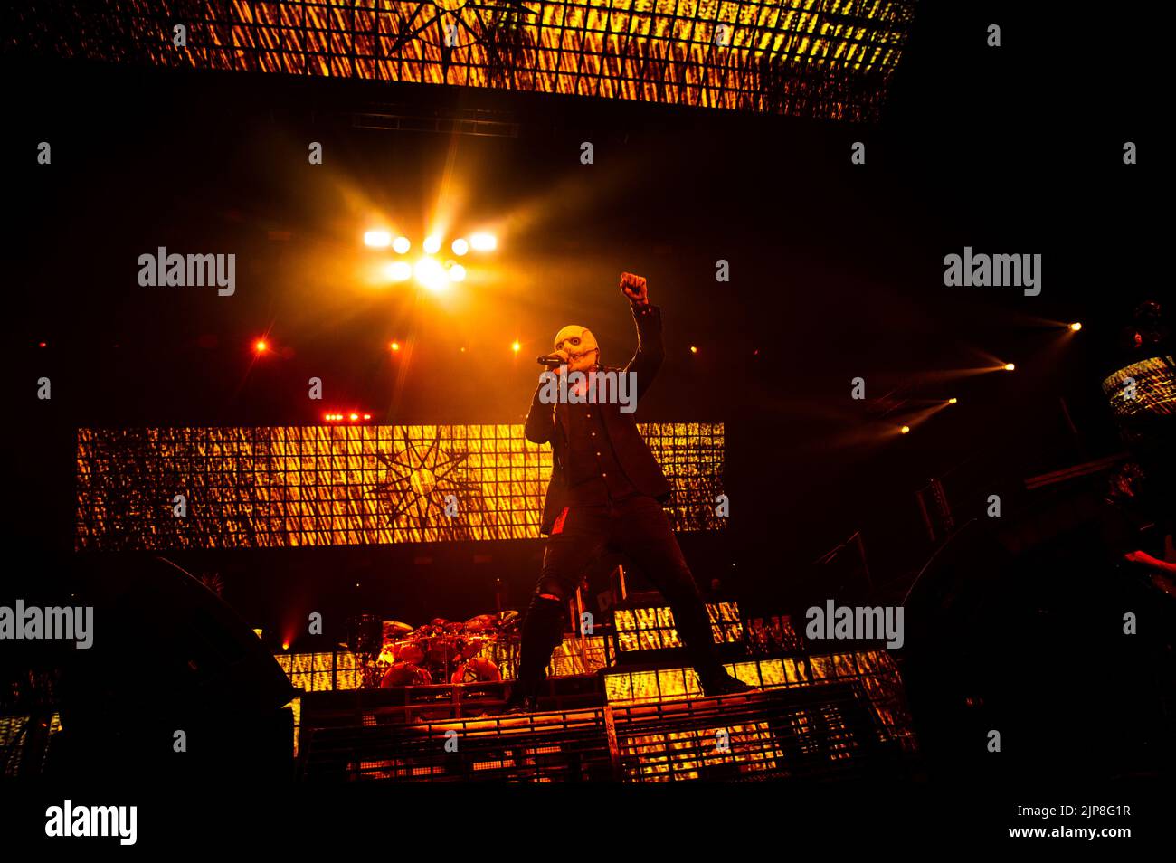 Malmoe, Sweden. 15th Aug, 2022. The American heavy metal band Slipknot performs a live concert at Malmö Arena in Malmoe. Here vocalist Corey Taylor is seen live on stage. (Photo Credit: Gonzales Photo/Alamy Live News Stock Photo