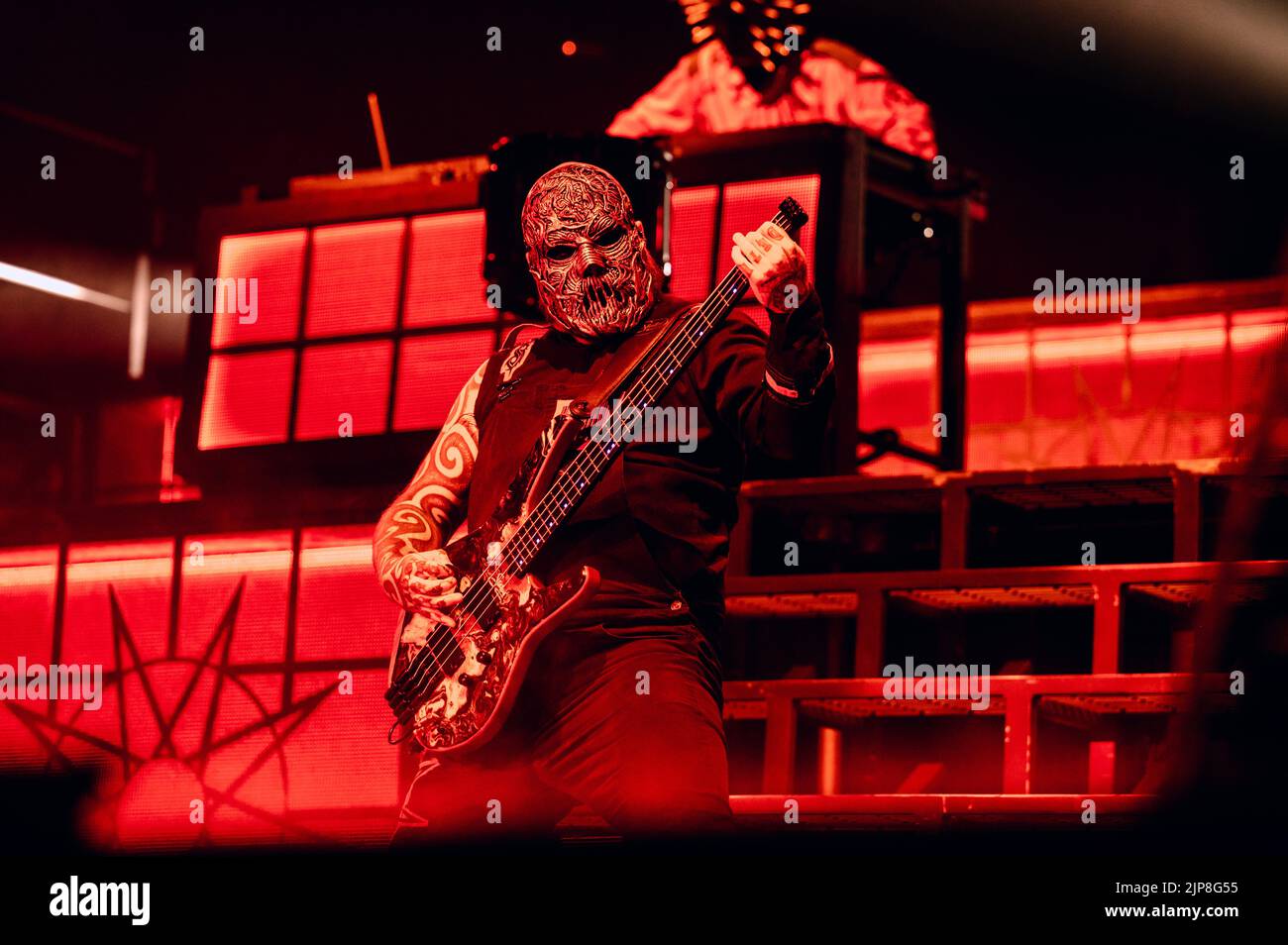 Malmoe, Sweden. 15th Aug, 2022. The American heavy metal band Slipknot performs a live concert at Malmö Arena in Malmoe. Here bass player Alessandro Venturella is seen live on stage. (Photo Credit: Gonzales Photo/Alamy Live News Stock Photo
