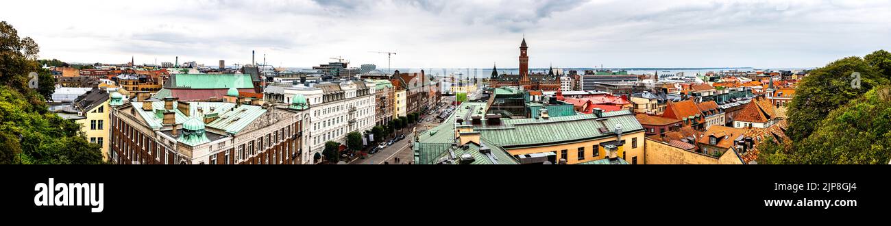 Helsingborg panoramic view over the city. The Swedish town downtown district is visible from above with the city hall standing out from the skyline Stock Photo