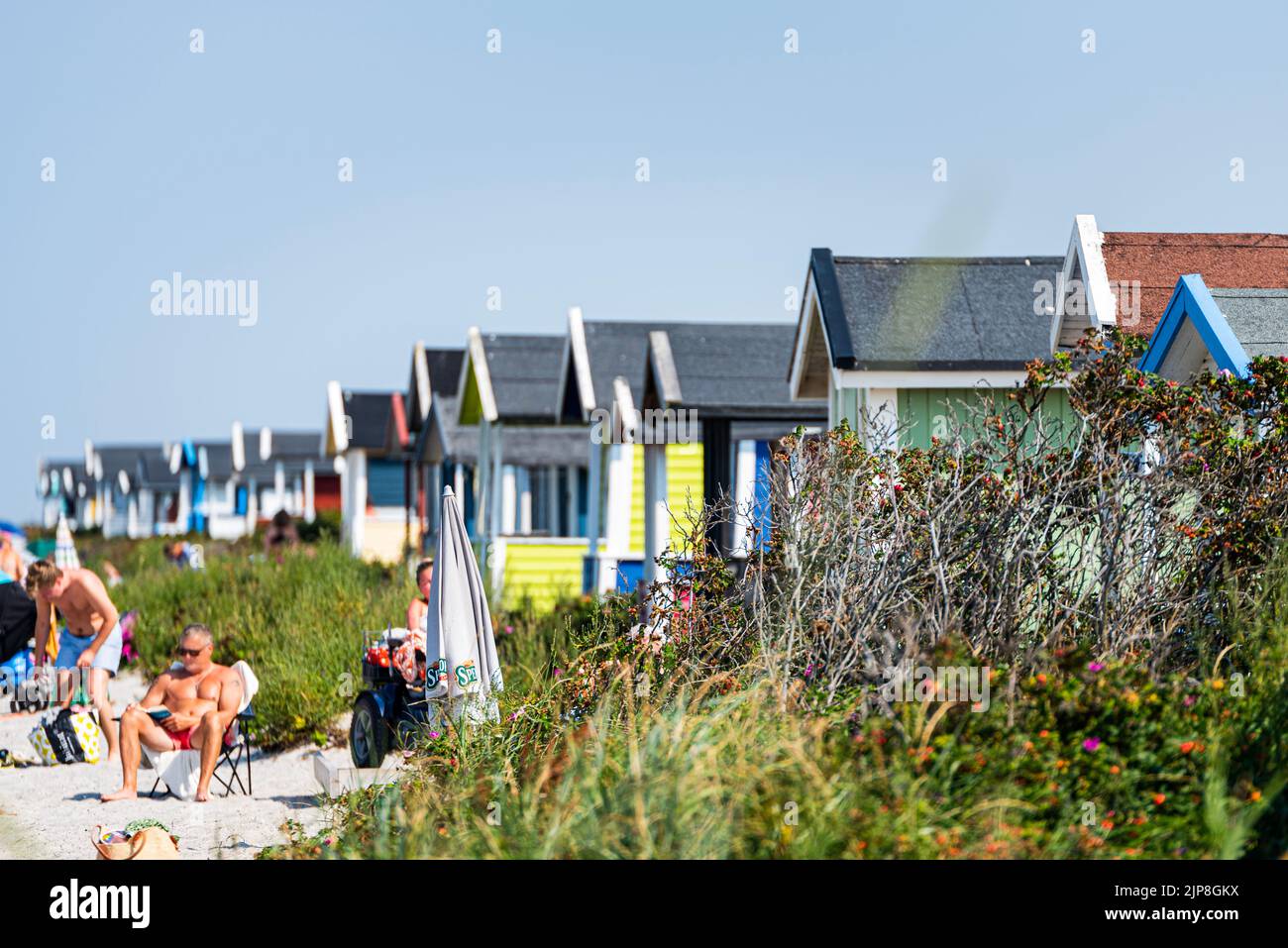 Skanor beach on a hot summer day with its typical Swedish summerhouses. Row of summer houses on a sandy Scandinavian beach with people getting tan Stock Photo