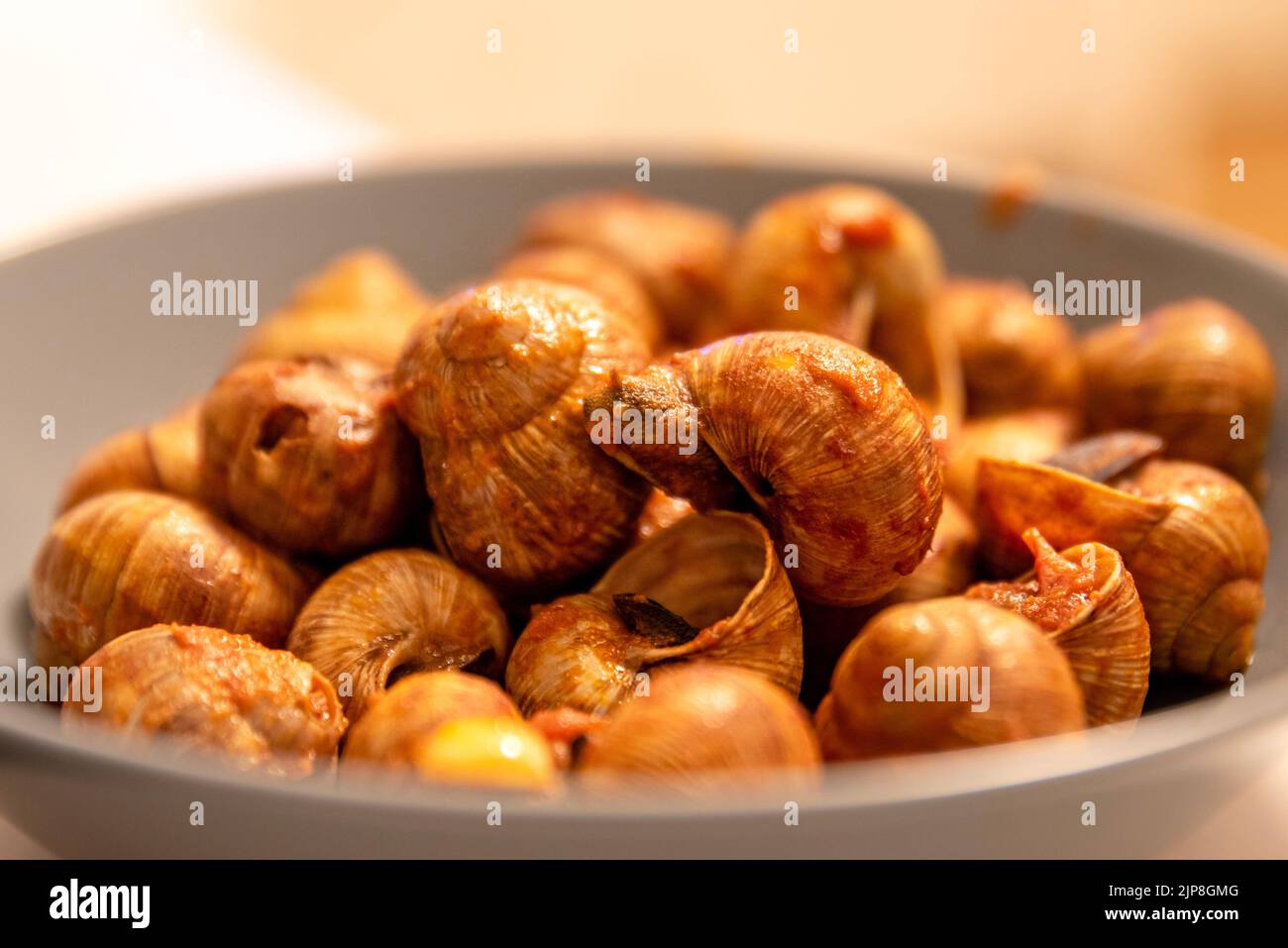 Forest snails cooked with tomato sauce. Delicious poor dish, typical of southern Europe, with Escargot (Helix Aspersa) prepared with tomato sauce Stock Photo