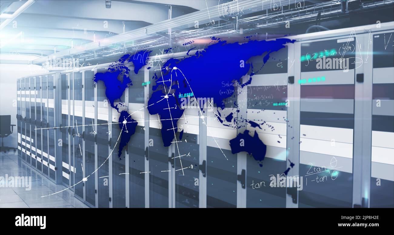 Image of blue world map and maths calculations over computer server