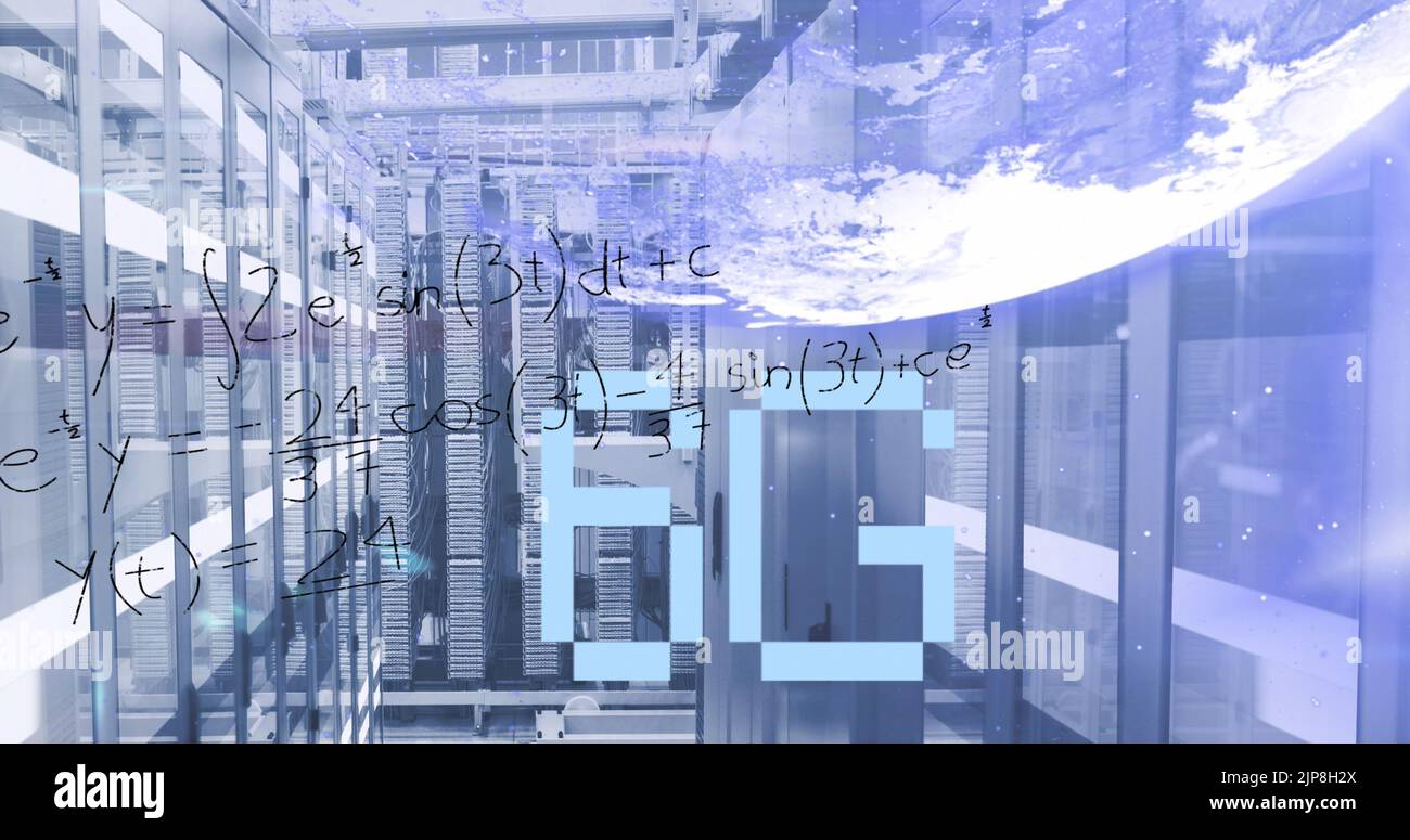 Image of 6g text, globe and maths calculations over computer server room Stock Photo