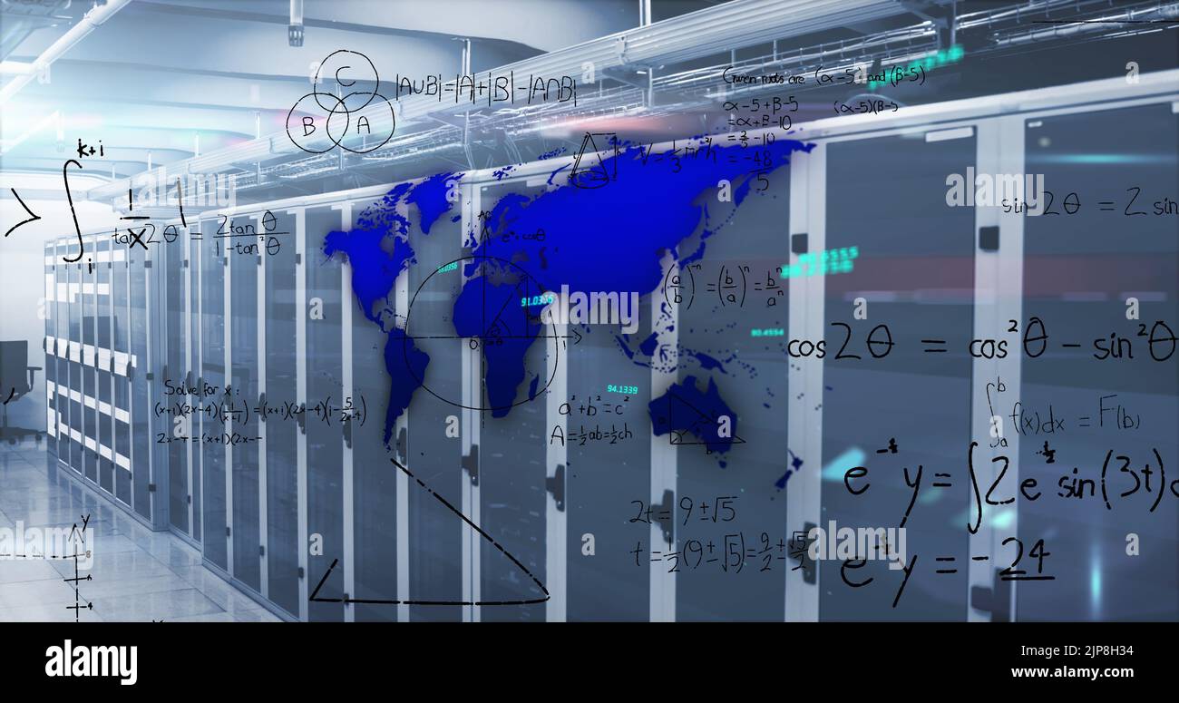 Image of blue world map processing data and maths calculations over