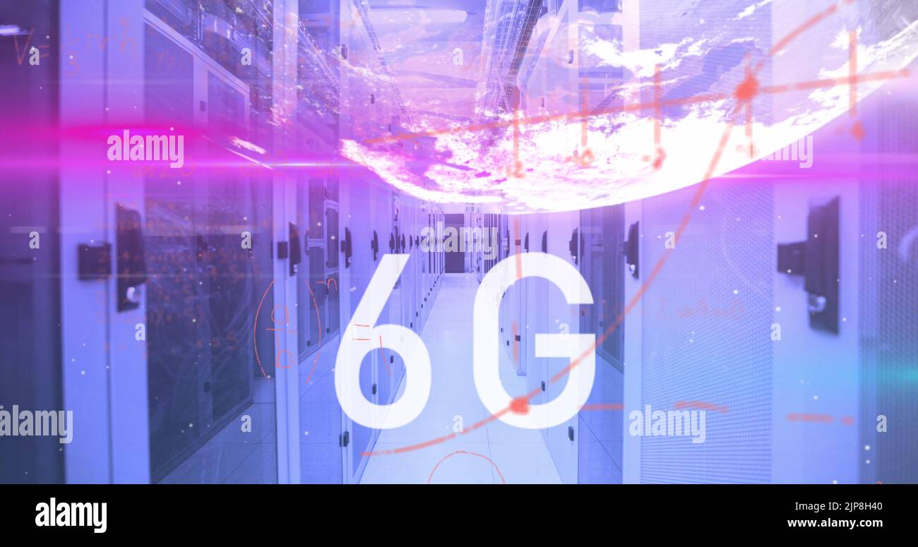 Image of 6g text, globe and maths calculations over computer server room Stock Photo