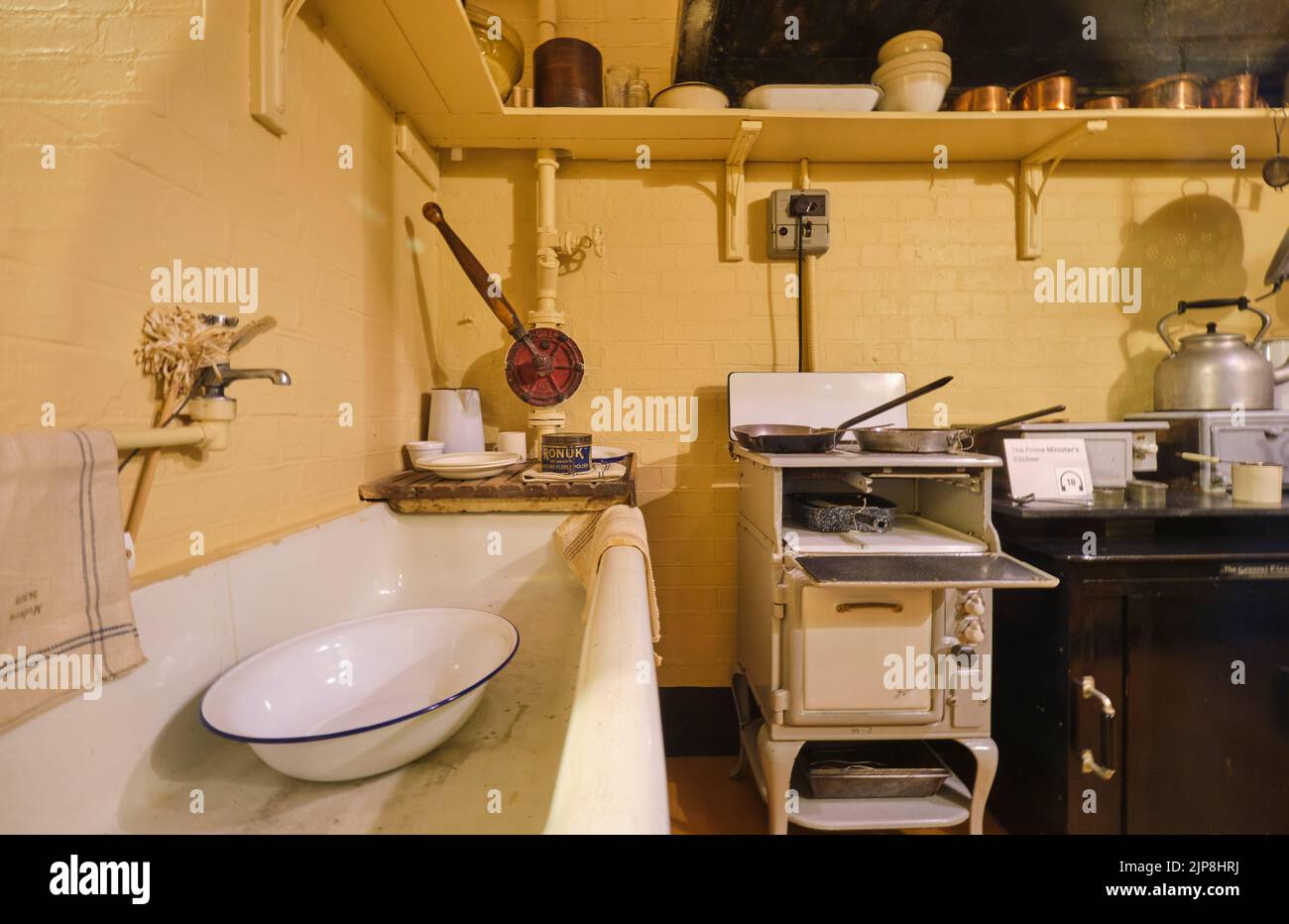The Prime Minister's kitchen, with a sink. At the Winston Churchill War Rooms Museum in London, England, United Kingdom. Stock Photo