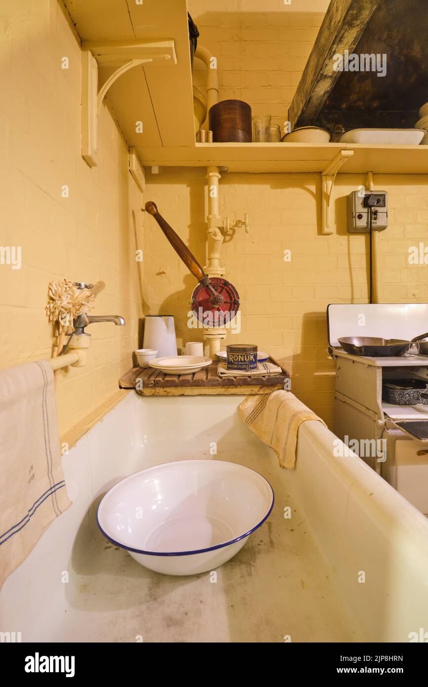 The Prime Minister's kitchen, with a sink. At the Winston Churchill War Rooms Museum in London, England, United Kingdom. Stock Photo