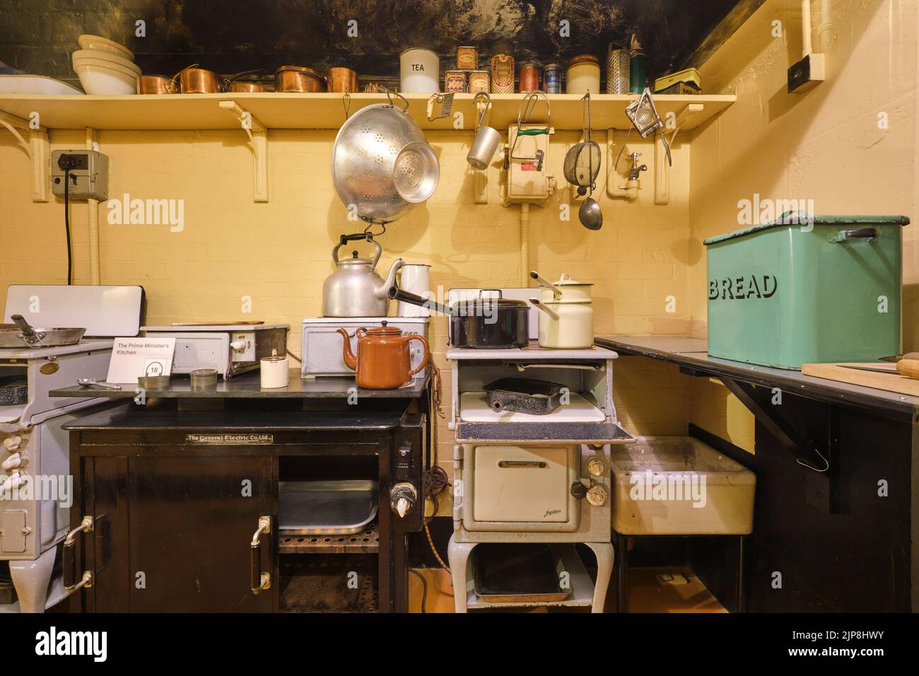 The Prime Minister's kitchen, with stoves and a bread box. At the Winston Churchill War Rooms Museum in London, England, United Kingdom. Stock Photo