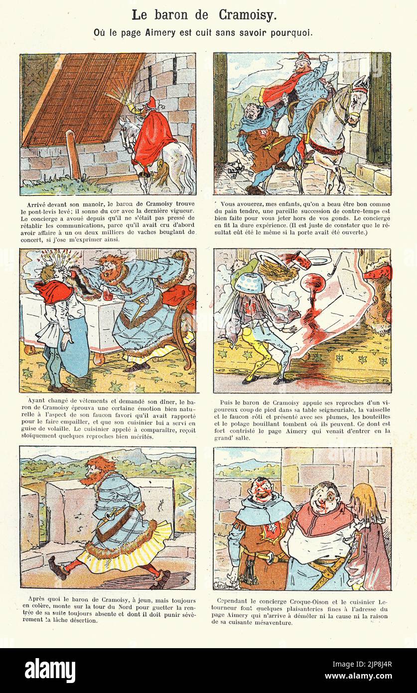 Vintage French comic, Le baron de Cramoisy. Ou le page Aimerty est cuit sans saviour pourquoi. Baron de Cramoisy. Or the Aimerty page is cooked withou Stock Photo