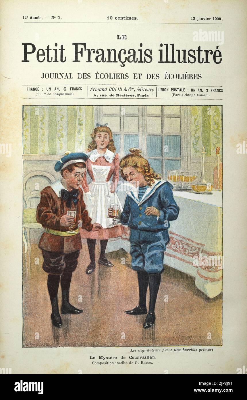 Petit Francais illustrate, two boys drinking a bad tasting drink, Victorian Stock Photo