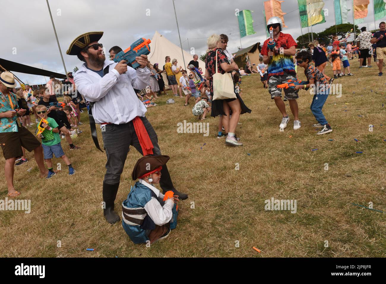 Families take part in a Nerf wars event @ Camp Bestival, Lulworth Castle and Estate, Dorset July 28 - 31 2022 Stock Photo
