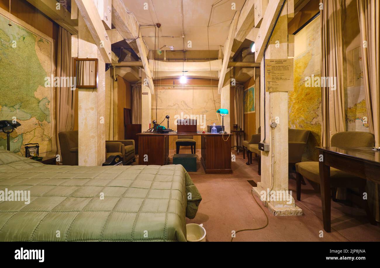 Prime Minister Winston Churchill's bedroom, with desk and maps, charts