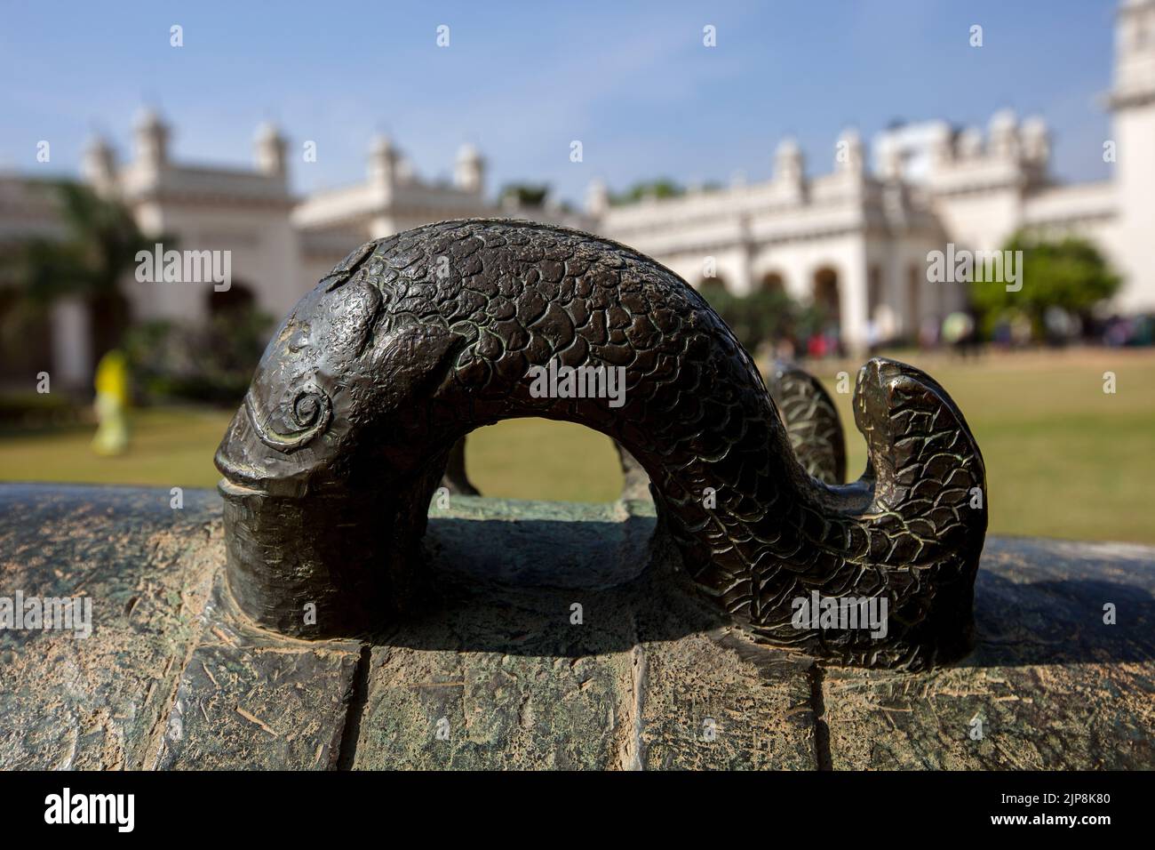 Fish sculpture on cannon, Chowmahalla Palace, Chowmahallat Palace, Nizam Palace, Hyderabad, Andhra Pradesh, Telangana, India Stock Photo
