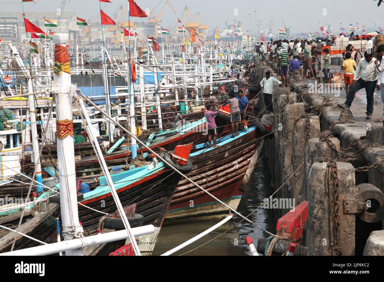Fishing boats, Ferry Wharf, Bhaucha Dhakka, Mazgaon, Mumbai, India on February 2, 2013 Stock Photo