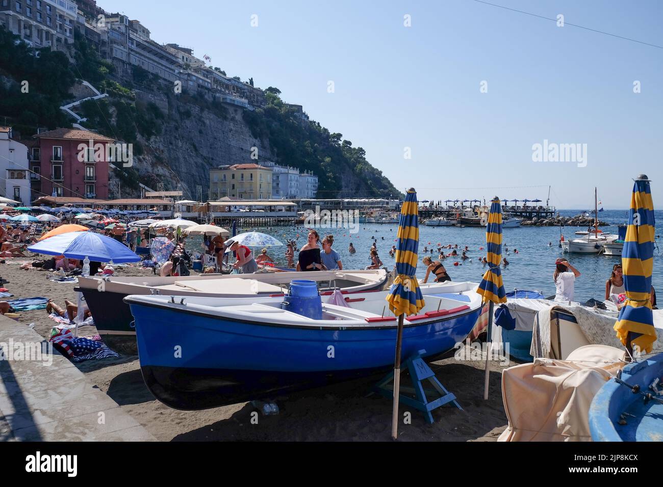 Views over Marina Grande Sorrento Italy a small working traditional  fishing harbour popular with sea food restaurants and tourists. Stock Photo