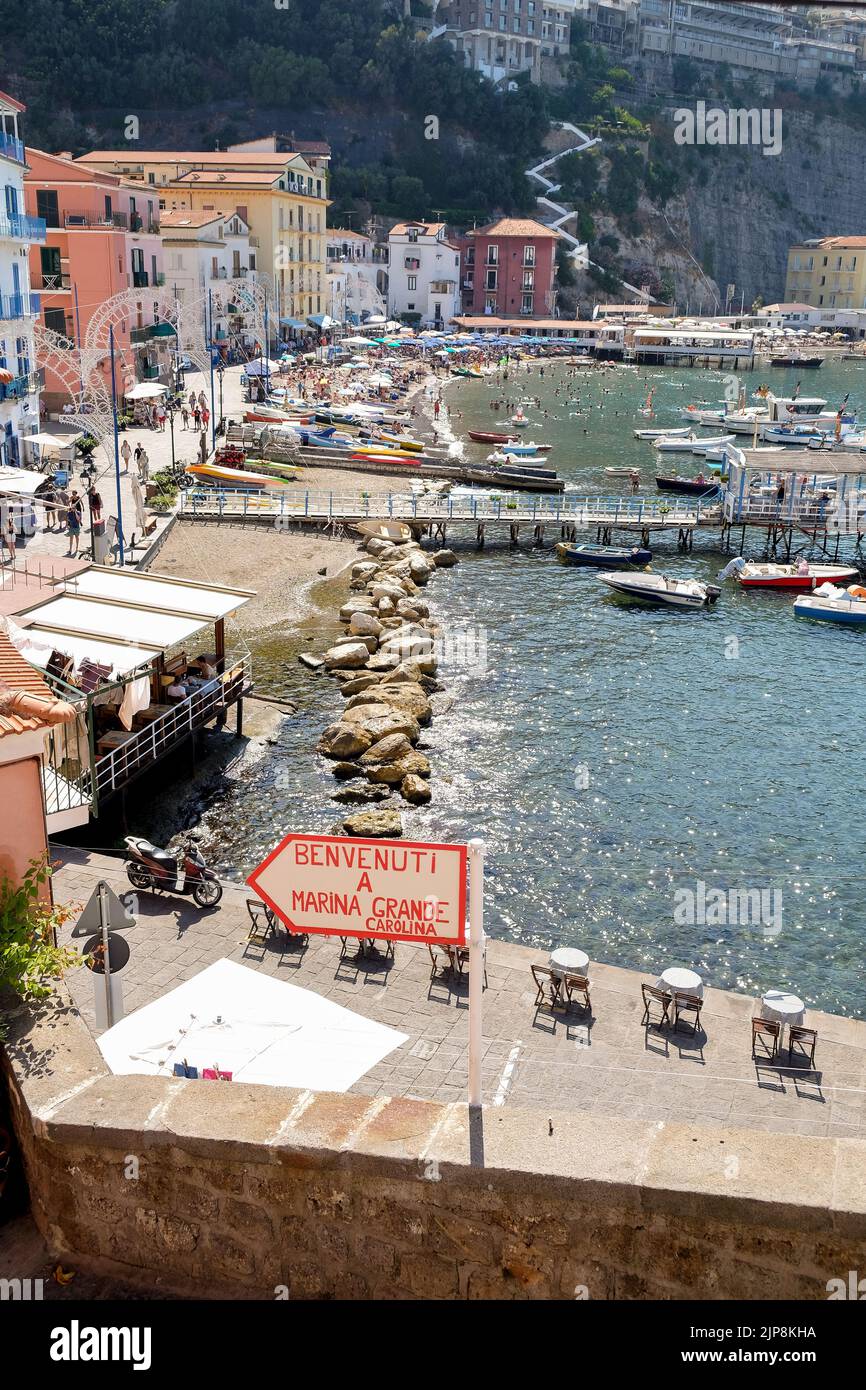 Views over Marina Grande Sorrento Italy a small working traditional  fishing harbour popular with sea food restaurants and tourists. Stock Photo