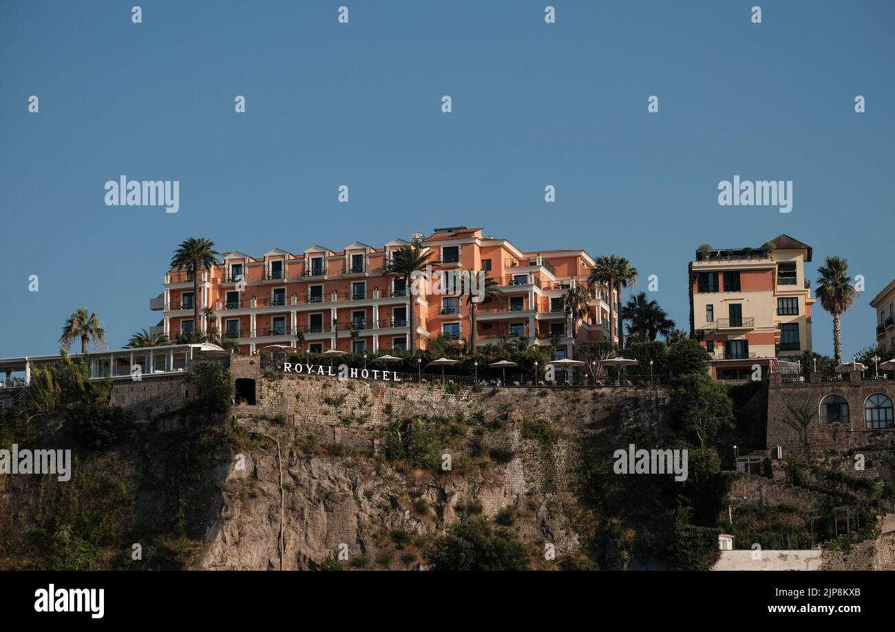 The Grand Royal hotel Sorrento Italy perched on the top of the cliffs overlooking the harbour and the Gulf of Naples. Stock Photo