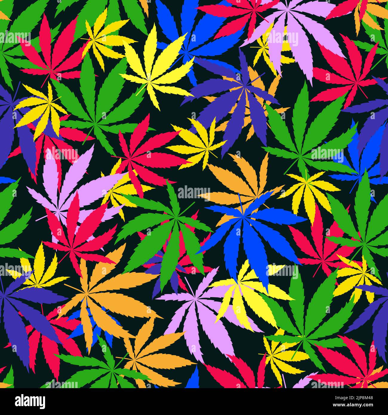 Bright rainbow Cannabis leaves seamless pattern on black background