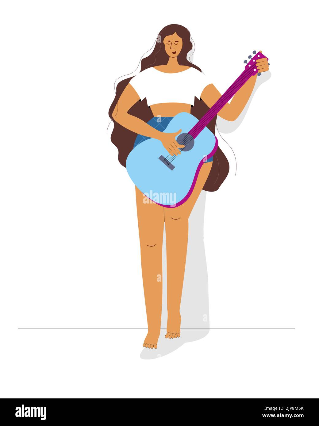 Young lady in summer outfit playing classical guitar standing near the wall. Cartoon stylish vector character design Stock Vector