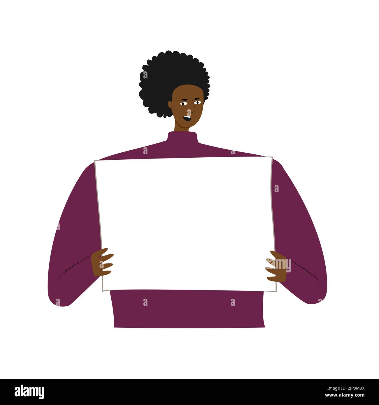 African woman protester holding empty poster in her hands. Feminism concept doodle drawing. Young woman feminist demonstration.  Stock Vector
