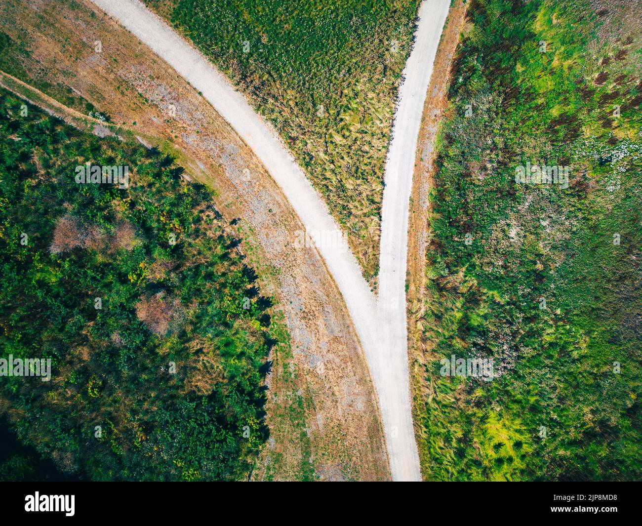 Drone Point of View on Crossroads at Nature Reserve Stock Photo