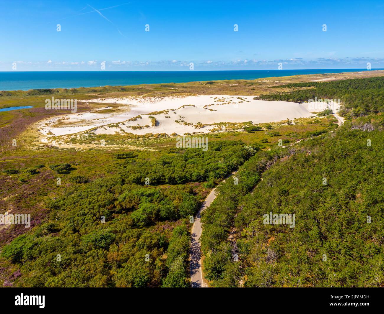 Drone point of view on Large Dune in Nature Reserve near the North Sea coast in Bergen aan Zee, Netherlands on summer day Stock Photo