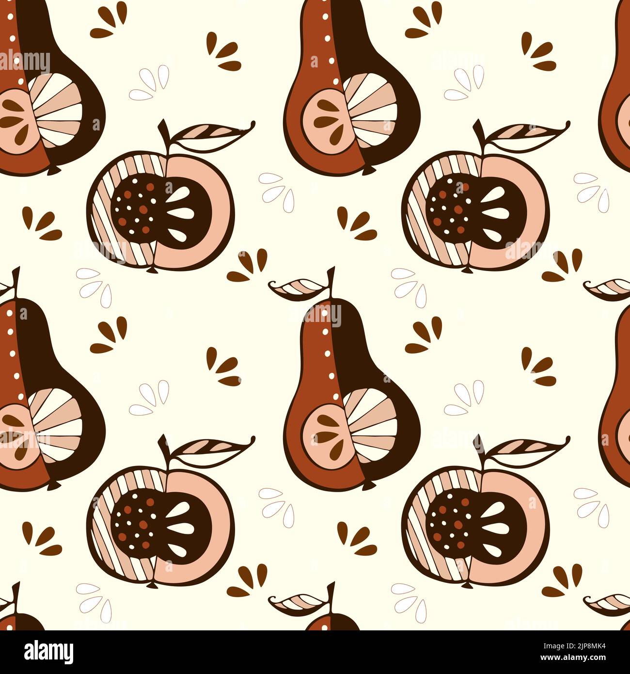Apple and Pear pattern doodle hand drawn, brown autumn color. Vector illustration Stock Vector