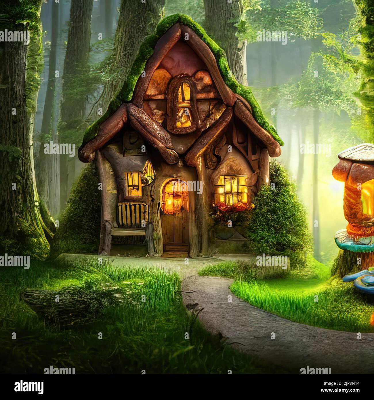 3d rendering of fairy tale little cottage in magical forest Stock Photo