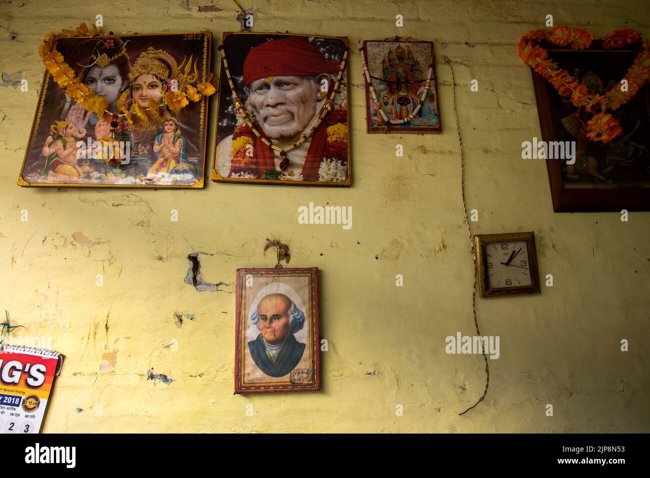 Indian Gods picture with Samuel Hahnemann, founder of Homoeopathy, Varanasi, Banaras, Benaras, Kashi, Uttar Pradesh, India Stock Photo