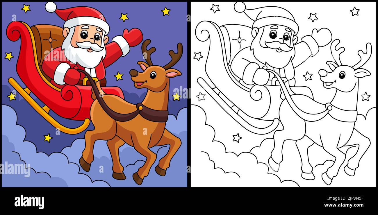 Christmas Santa Sleigh And Reindeer Coloring Page  Stock Vector