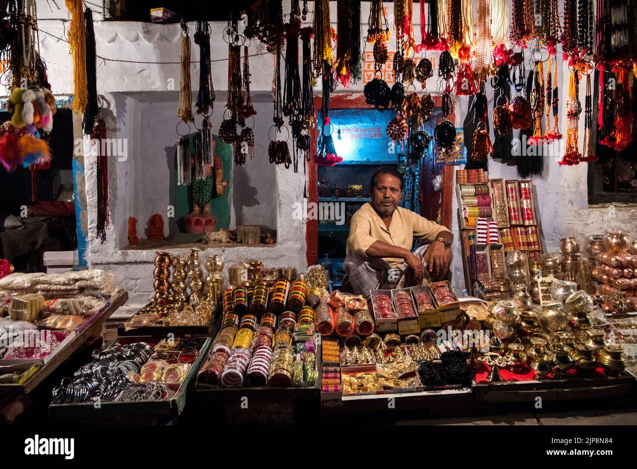 Shop selling religious items, Varanasi, Banaras, Benaras, Kashi, Uttar Pradesh, India Stock Photo