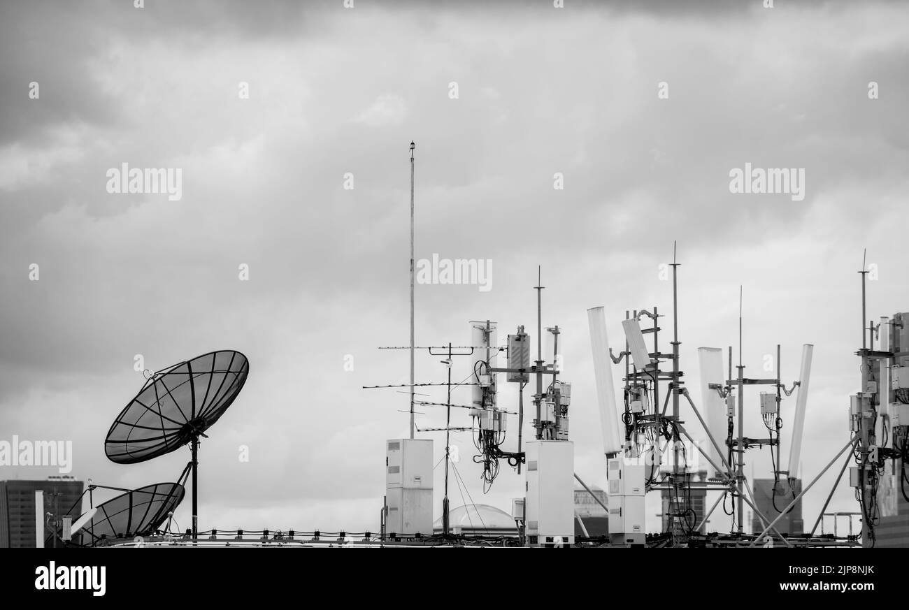 Telecommunication equipment for 5g radio network. Telecommunication tower, antenna, and satellite dish. Antenna for wireless network. Broadcasting Stock Photo