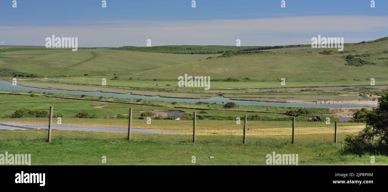 The Cuckmere river and valley, looking towards the Seven Sisters Country Park, East Sussex. Stock Photo