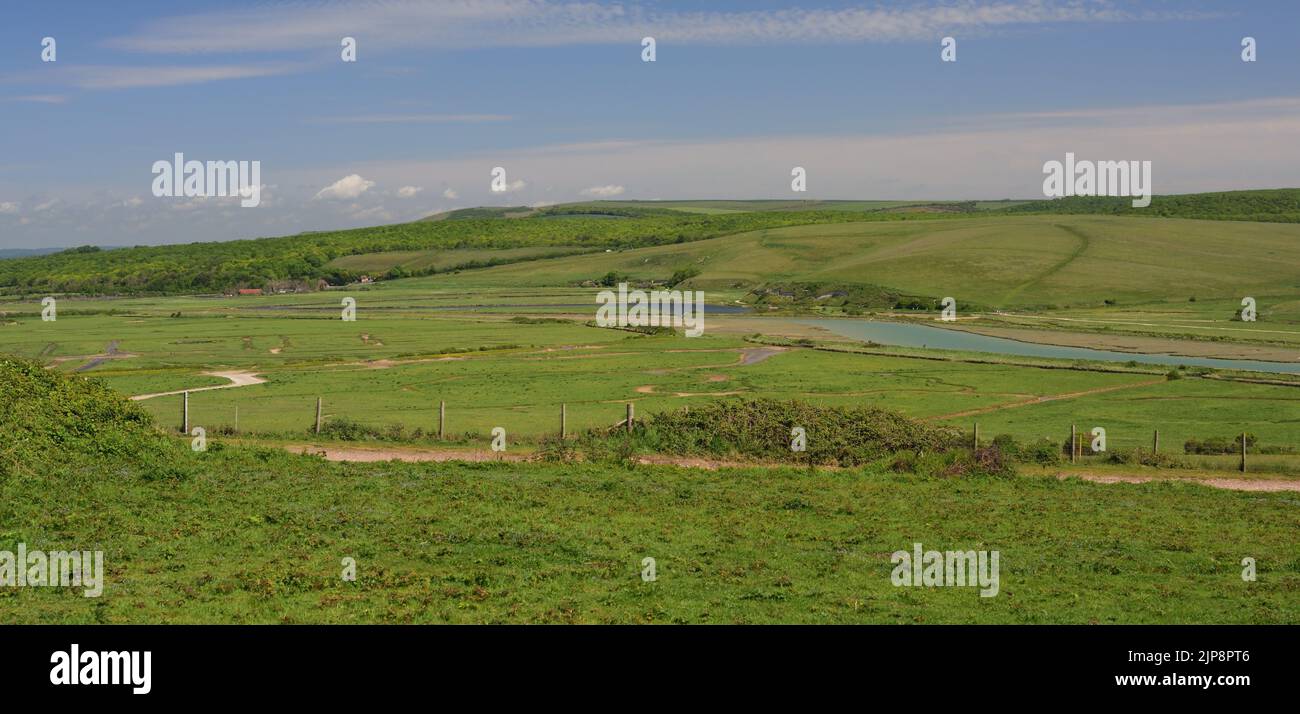 The Cuckmere river and valley, looking towards the Seven Sisters Country Park, East Sussex. Stock Photo