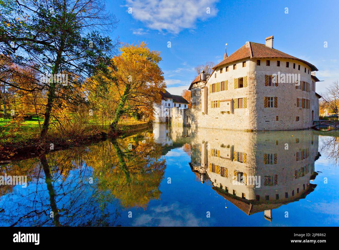 Hallwyl Water Castle during autumn, Lake Hallwil, Aargau, Switzerland, Europe Stock Photo