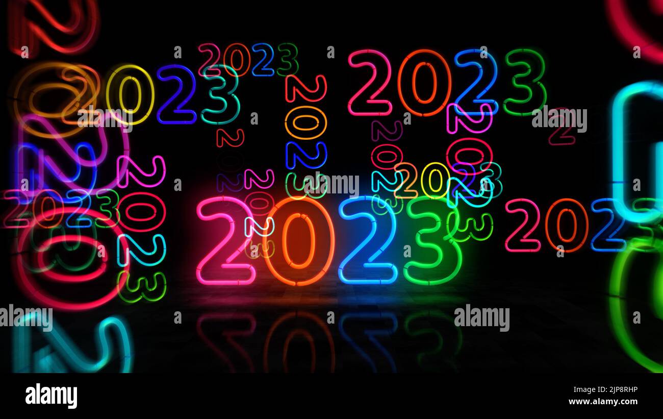2023 year symbol neon symbol. Light color bulbs. Abstract concept 3d illustration. Stock Photo