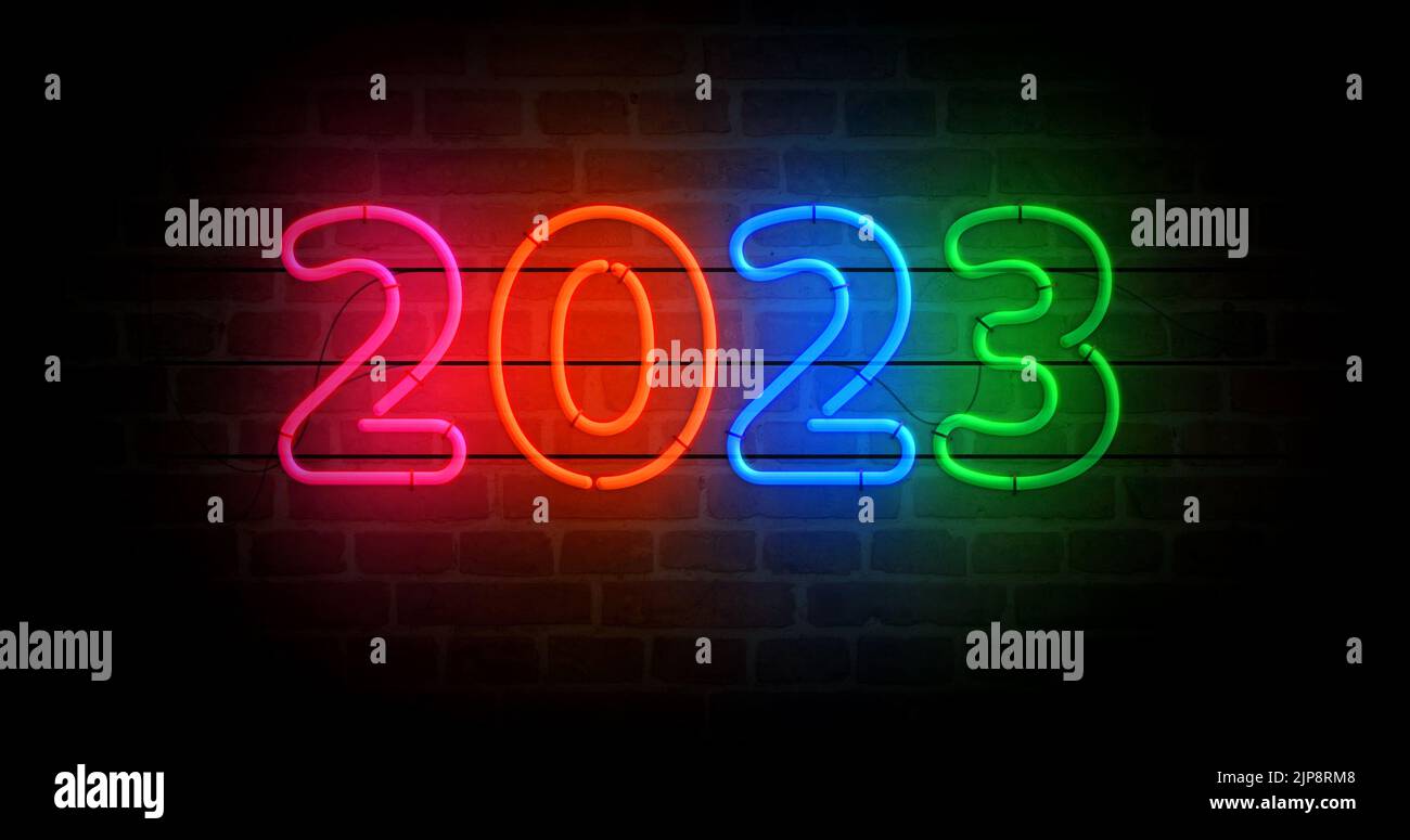 2023 year symbol neon symbol. Light color bulbs. Abstract concept 3d illustration. Stock Photo