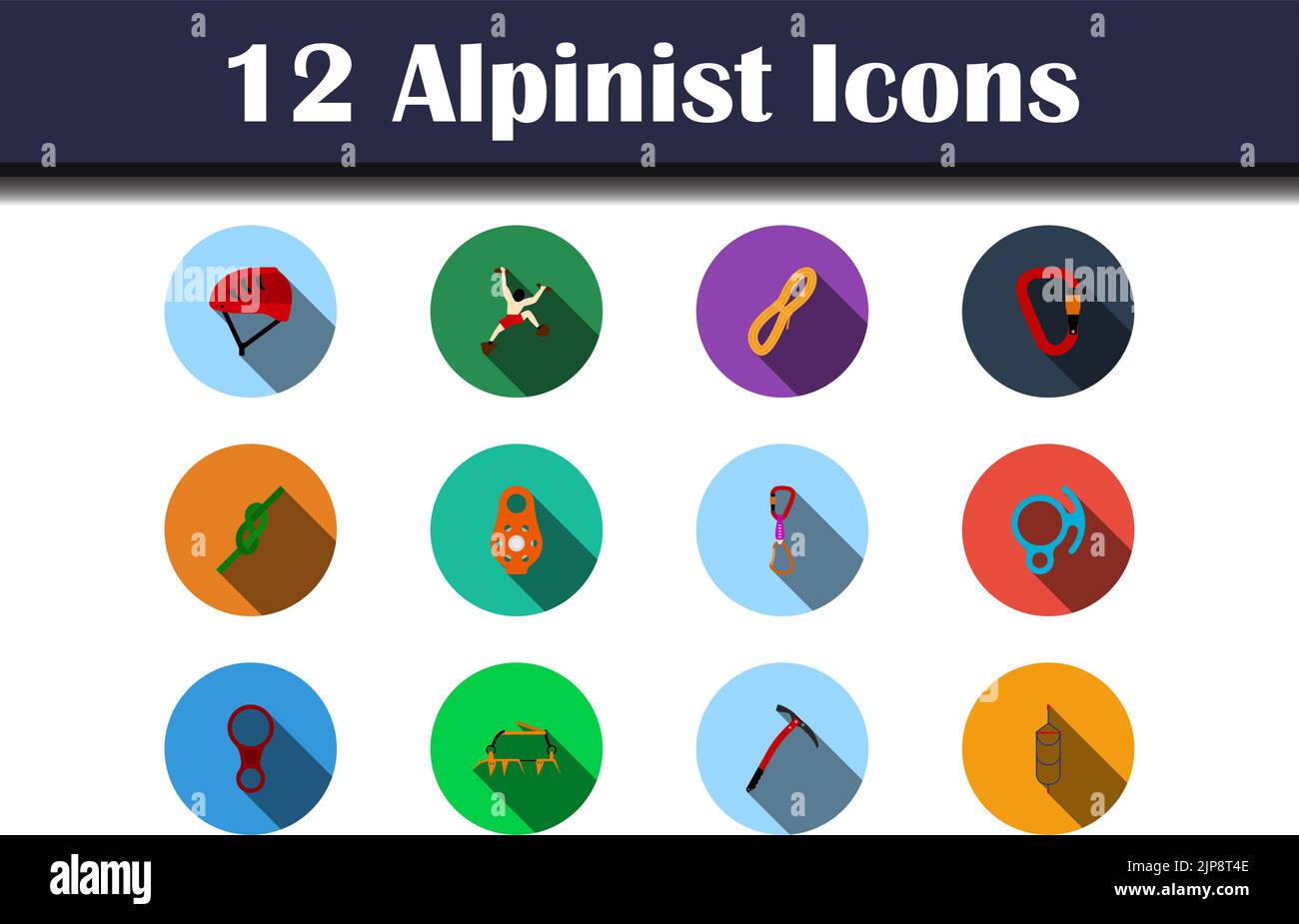 Alpinist Icon Set. Flat Design With Long Shadow. Vector illustration. Stock Vector