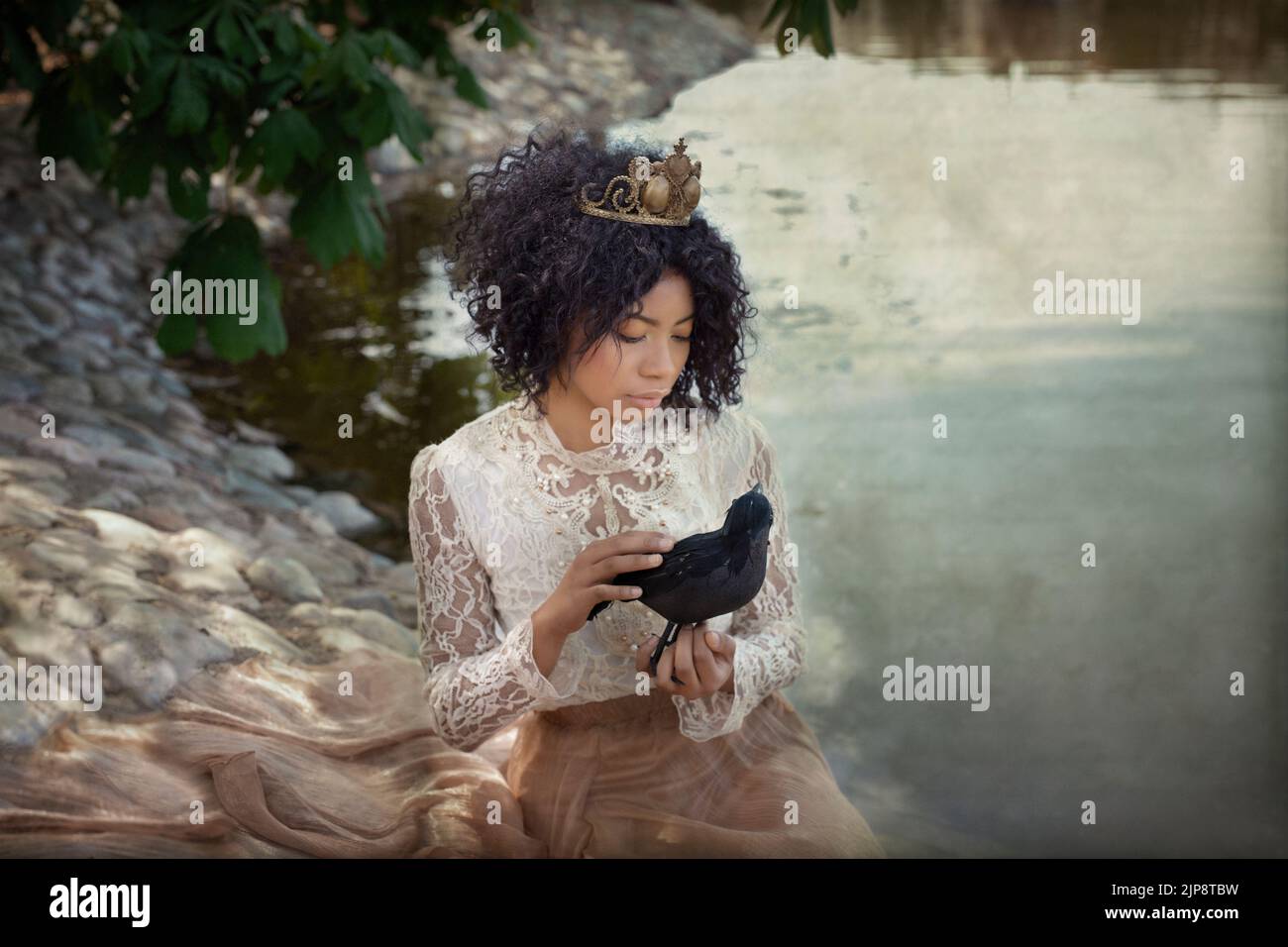 From above of graceful young African American female in princess costume and crown caressing black crow while sitting on rocky shore of calm lake in p Stock Photo