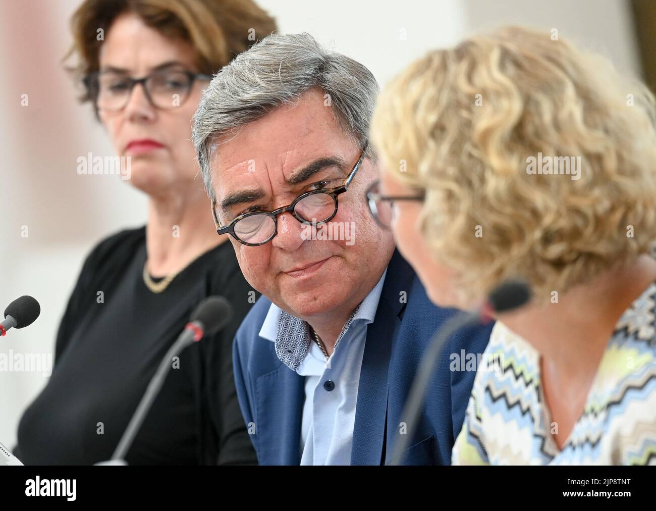 Potsdam, Germany. 16th Aug, 2022. Friederike von Kirchbach (l-r), Chairwoman of the RBB Broadcasting Council, Hagen Brandstäter, Managing Director of RBB, and Dorette König, Acting Head of the RBB Administrative Board, answer questions in the Main Committee of the Brandenburg State Parliament at a special session in the case of the dismissed Intendant Schlesinger. Credit: Jens Kalaene/dpa/Alamy Live News Stock Photo