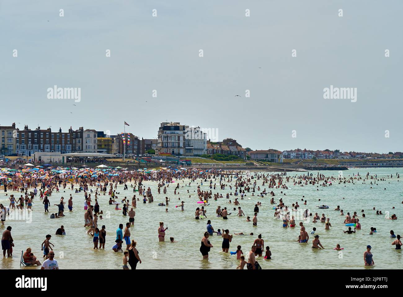 The crowded Margate beach on a summer day in Kent, UK Stock