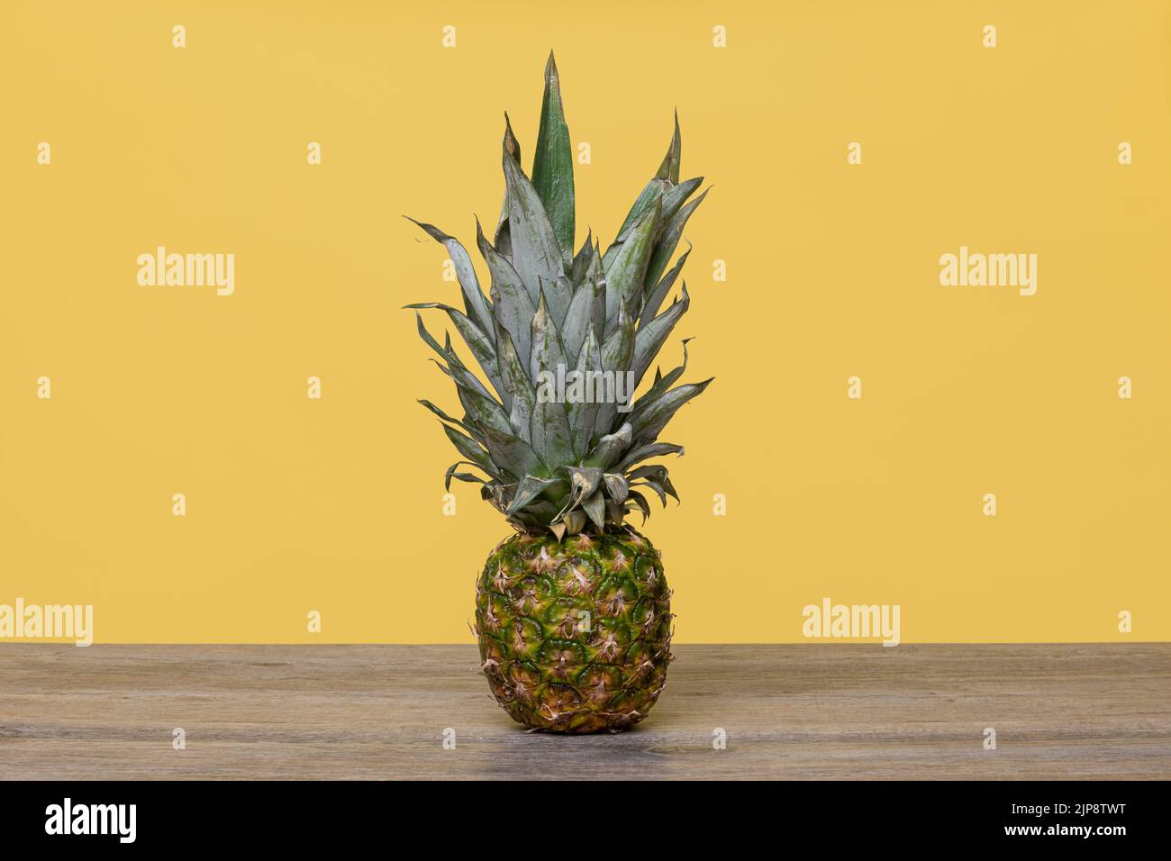 Pineapple on a wooden table with a yellow background, whole. Stock Photo