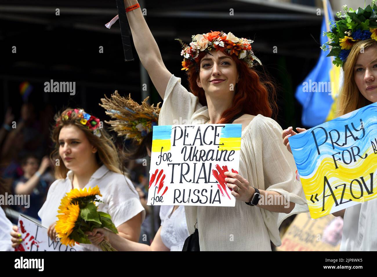 Pride in London Parade, 2nd July 2022. Ukrainian women marching, protesting against the Russian invasion Stock Photo