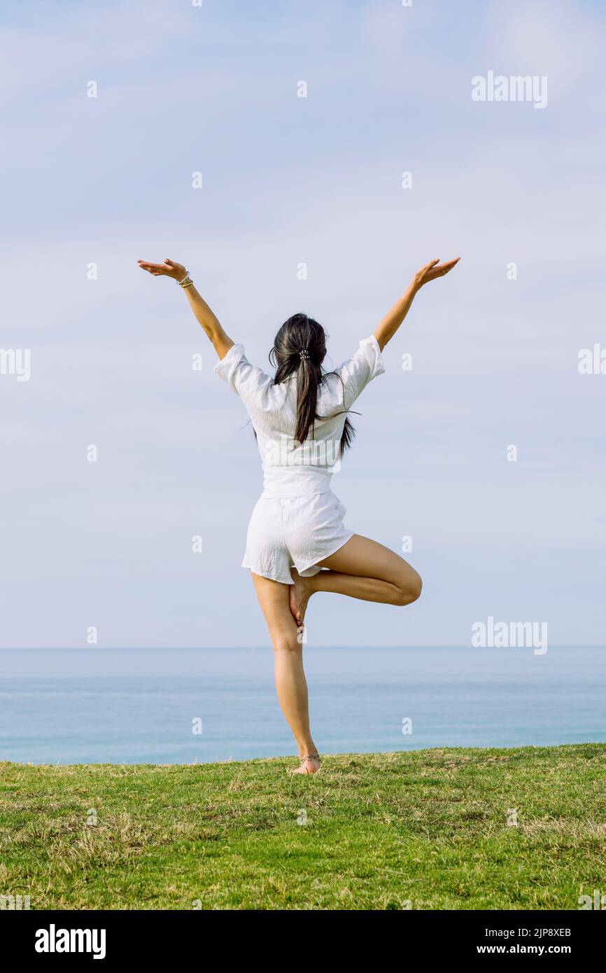 relaxation, balance, vrksasana, outdoor yoga, relax, balances, vrksasanas Stock Photo