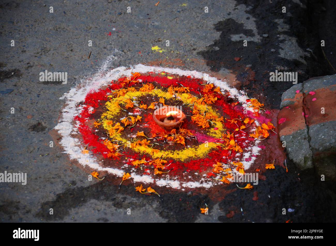 Sacrificial offering and Rangoli powder or sand paint coloured nepalese ...